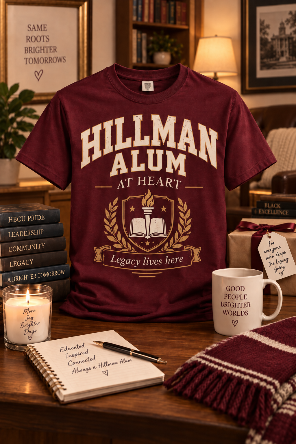 Burgundy Hillman Alum at Heart T-shirt in a warm library setting