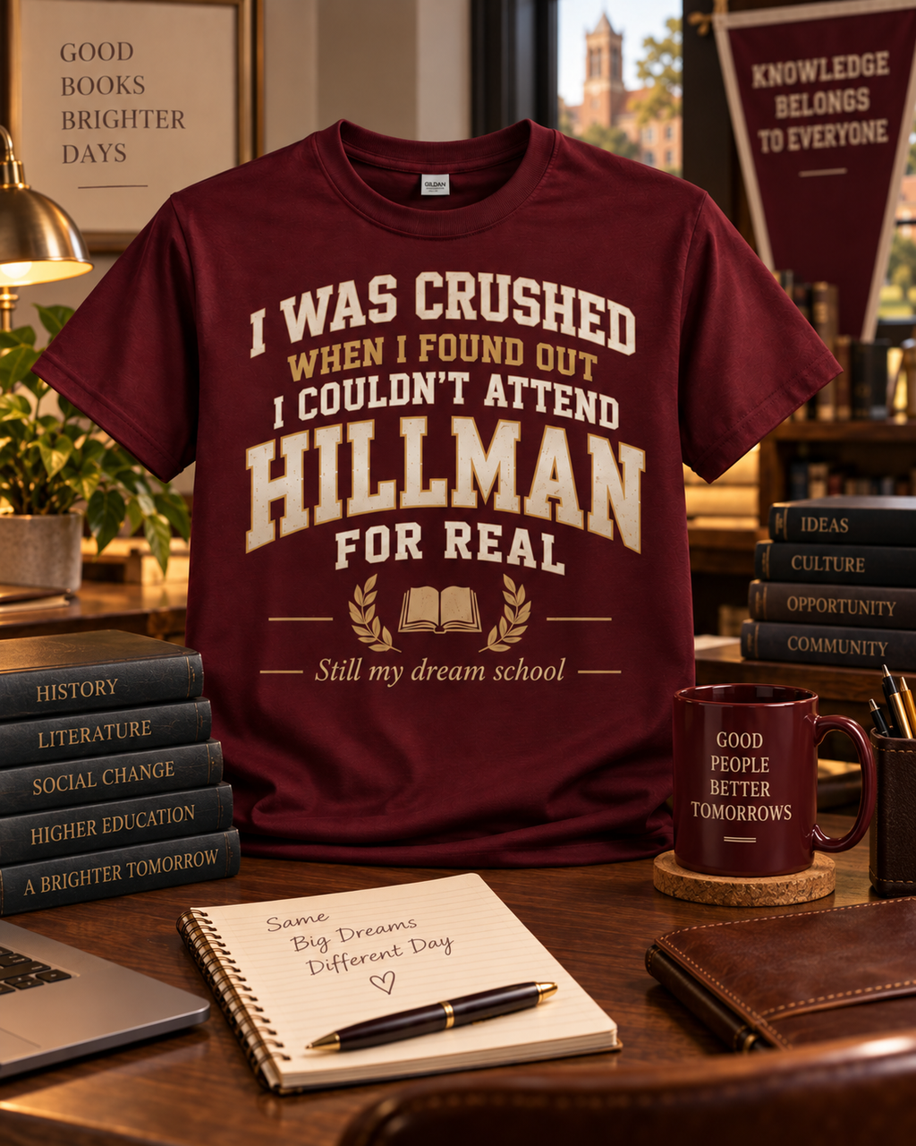 Burgundy Hillman Alum statement T-shirt reading I Was Crushed When I Found Out I Couldn't Attend Hillman for Real